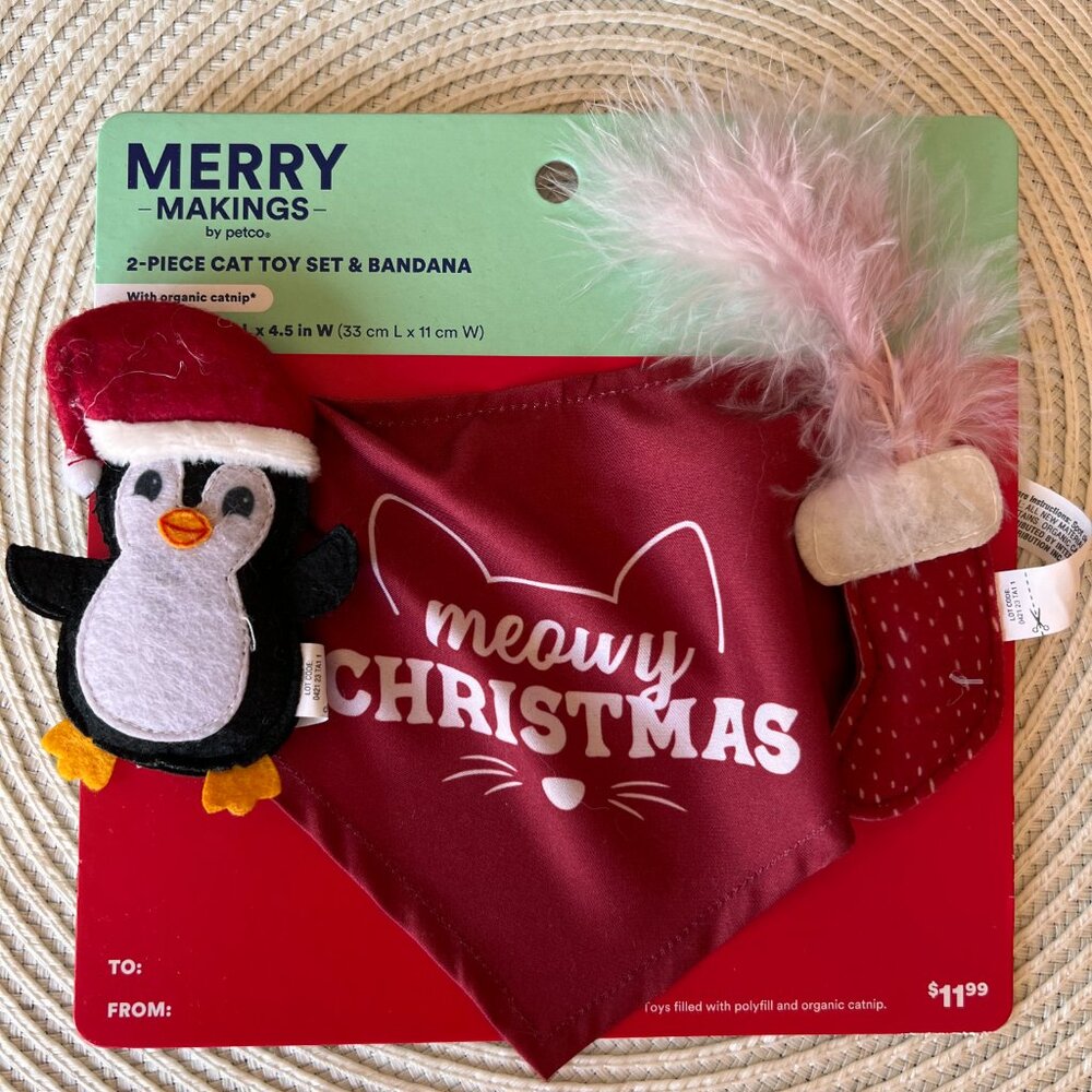 Merry Makings Meowy Christmas 2 Piece Cat Toy Set & Bandana With Organic Catnip